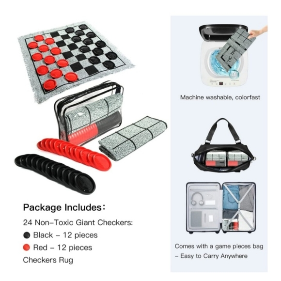 GIANT Checker Board Game Rug with Carrying Bag - Picture 4 of 8